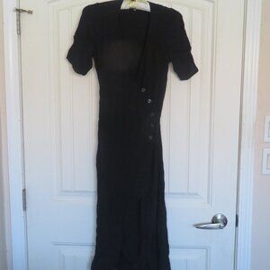 GAP Black Side Button Wrap Maxi Dress Tie Back Deep V Neck XS (K470)